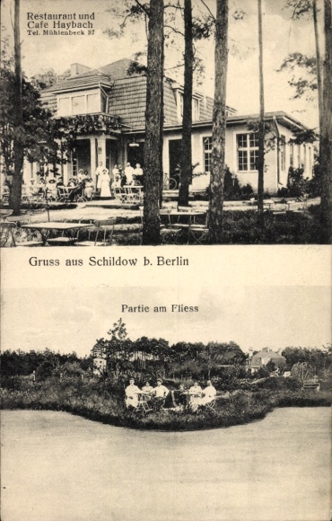Postcard Schildow in der Mark, Restaurant and Cafe Haybach, on the Fliess