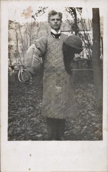 Photo Postcard Hennef an der Sieg, student in fencing equipment, standing portrait
