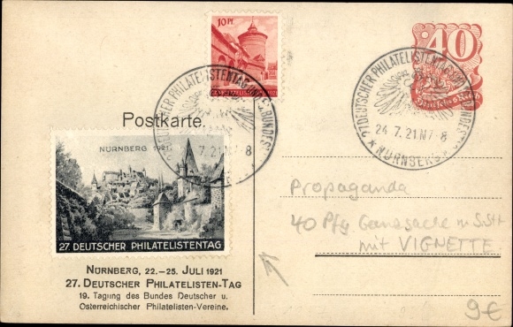 Postal stationery coat of arms PC Nuremberg in Middle Franconia Bavaria, 27th German Philatelic Day 1921