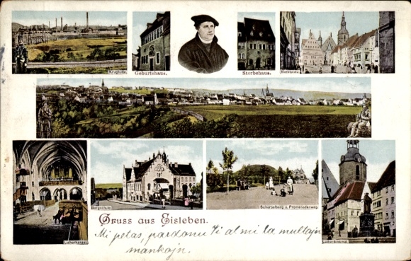 Postcard Lutherstadt Eisleben, Martin Luther, birthplace, death house, market square, church