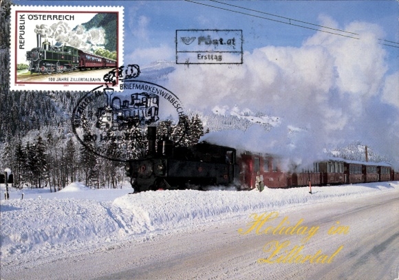 Maximum KP Zillertal Tirol, widok zimowy, kolej, lokomotywa parowa