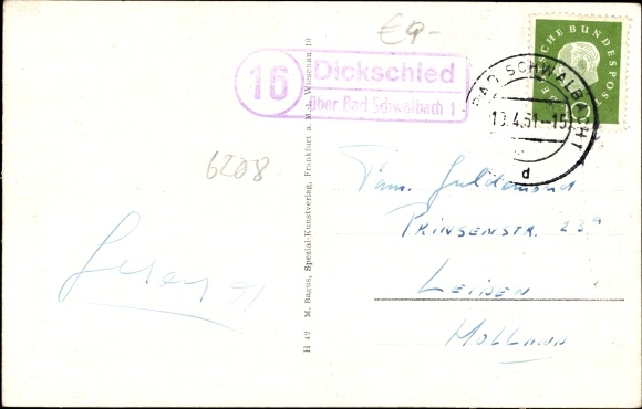 Postcard country postmark Dickschied about Bad Schwalbach 1, inn Wilhelm Thurn