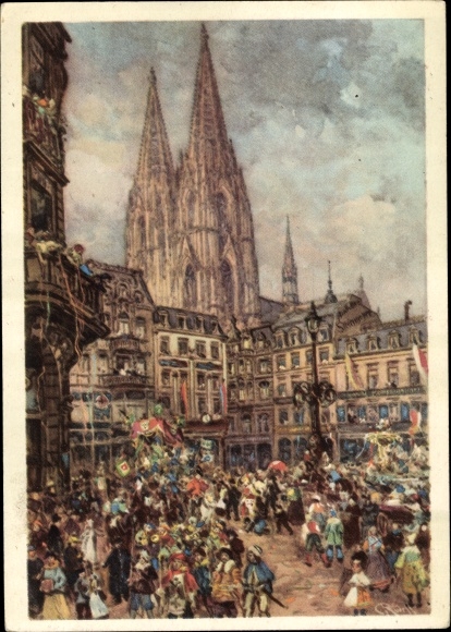 KP artysta pocztówka Köln am Rhein, karnawał, parada, katedra