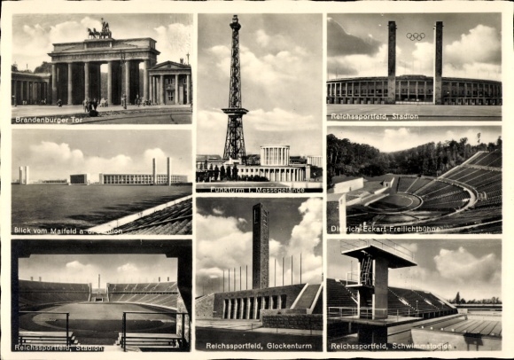 Postcard Berlin, Reichssportfeld, Dietrich Eckhart Open-Air Stage, Stadium, Radio Tower, Brandenburg Gate