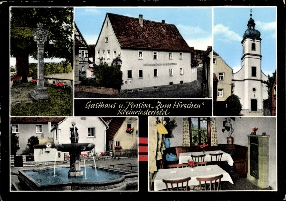Postcard Kleinrinderfeld in Lower Franconia, guest house Pension Zum Hirschen, church tower, fountain, monument