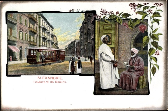 Ak Alexandria Egypt, Boulevard de Ramleh, tramwaj, mężczyźni pijący kawę