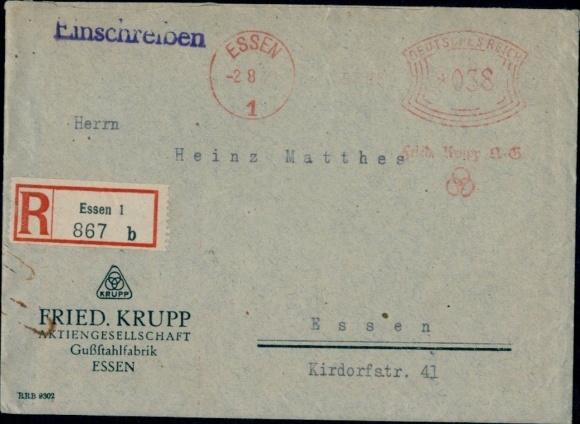 List polecony o treści 2 sierpnia 1929, Friedrich Krupp AG