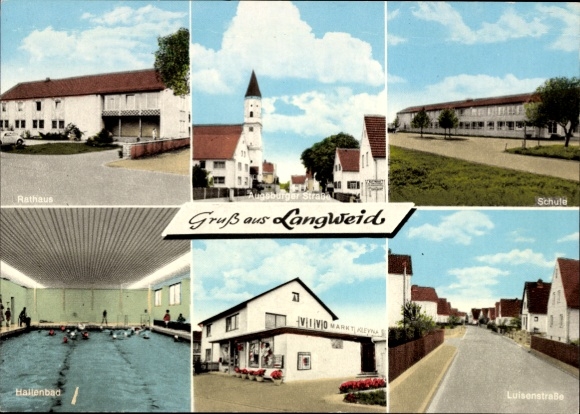 Postcard Langweid am Lech, Town Hall, School, Indoor Swimming Pool, Luisenstraße, Greetings from Langweid