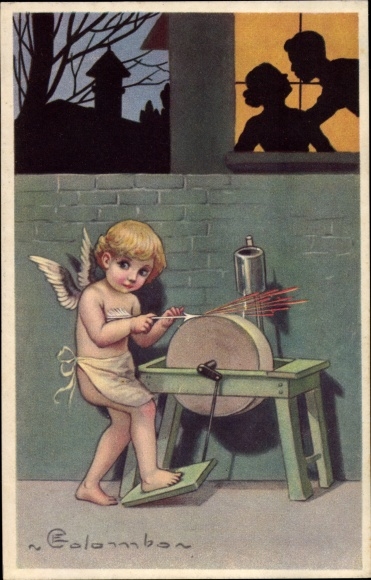 Artist PC Colombo, E., Amor sharpens his arrow, lovers, whetstone