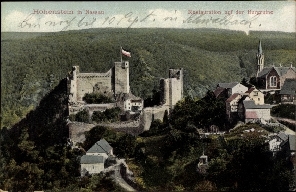 Postcard Hohenstein in Nassau Untertaunus, restoration on the castle ruins