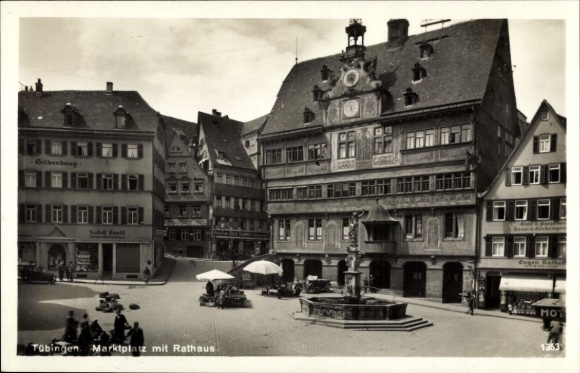 Postcard Tübingen am Neckar, market square with town hall and fountain