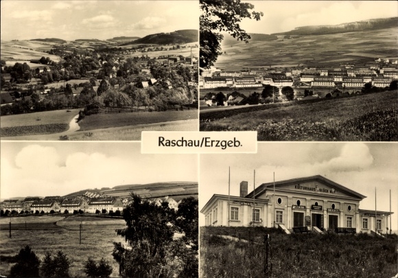 Postcard Raschau in the Ore Mountains, panoramic views, cultural center