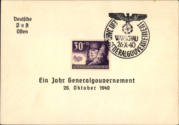 PC stamp Warsaw, one year of the General Government, October 26, 1940, Deutsche Post Osten