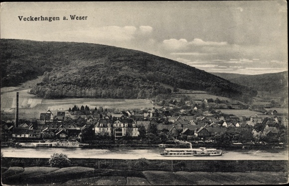 PC Veckerhagen Reinhardshagen on the Weser, panorama of the place, river steamer