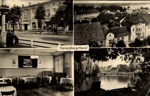 Postcard Fürstenberg an der Havel, street scene, lake, bird's eye view, interior view of an inn
