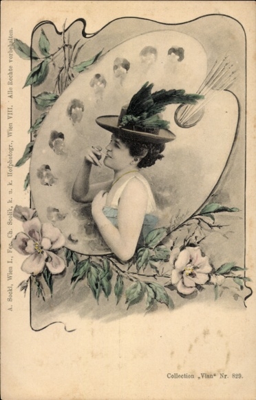 Postcard side portrait of a smoking lady, color palette