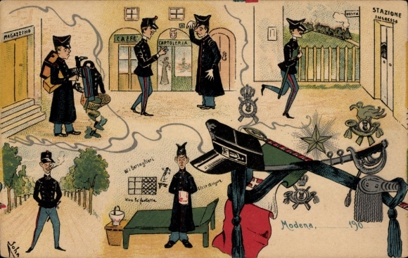 Künstler Ak Sohn, Modena Emilia-Romagna, Bahnhofleben, Café, Soldaten, Karikatur