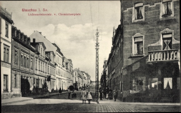 Postcard Glauchau in Saxony, Lichtensteiner Straße seen from Chemnitzer Platz