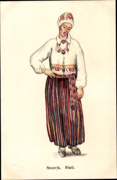 Postcard Estonia, Woman in traditional costume, Young married woman, Noorik, Risti,