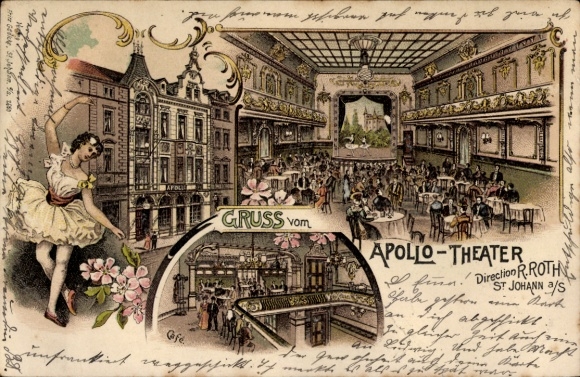 Chromo-Litho St. Johann Saarbrücken Saarland, Apollo Theater, Director R. Roth, Café, Hall, Dancer