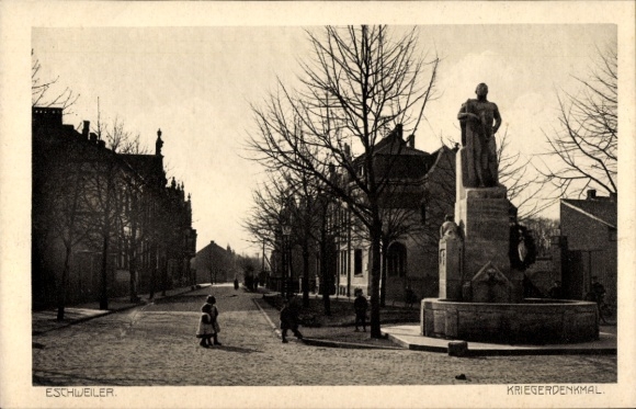 Postcard Eschweiler North Rhine Westphalia, war memorial, statue, trees