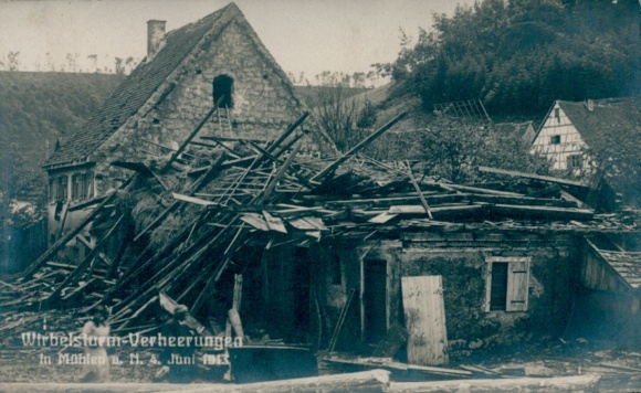 Postcard Mühlen Horb am Neckar, Destruction after the hurricane June 4, 1913
