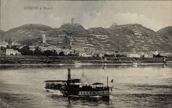 Postcard Kobern Gondorf on the Moselle, vineyards, river steamer