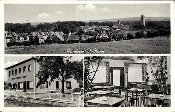 Postcard Assenheim Niddatal Osthessen, view of the town, Hotel Pfälzer Hof