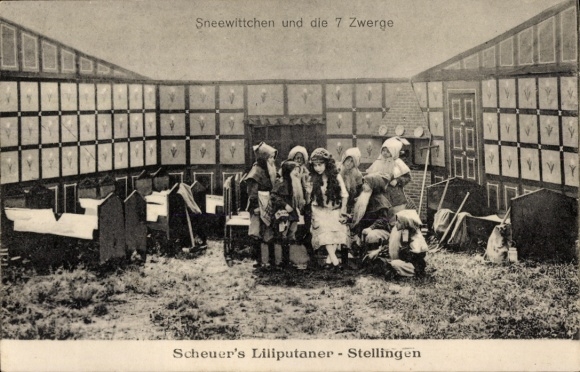 Postcard Hamburg Eimsbüttel Stellingen, Scheuer's Lilliputians, fairytale scene, Snow White
