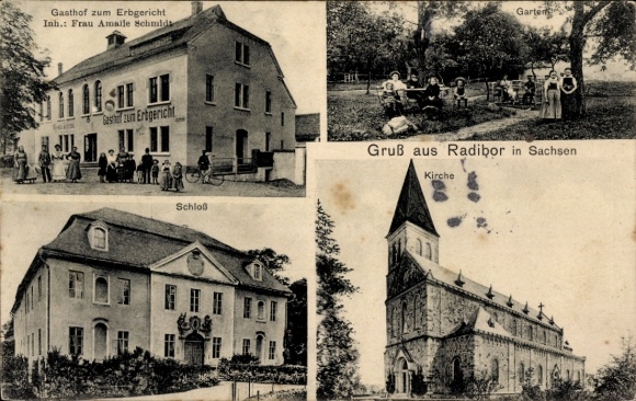 Ak Radibor in Sachsen, Gasthof zum Erbgericht, Inh. Amalie Schmidt, Schloss, Garten, Kirche