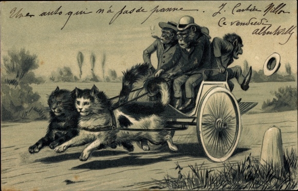 Emboss Chromo-Litho Humanized animals, cats pull a carriage with monkeys, chimpanzees