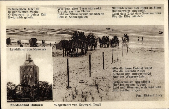 Postcard Duhnen Cuxhaven, carriage ride from Neuwerk, Neuwerk lighthouse, poem