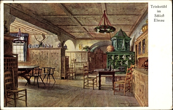 Kunstenaarsbriefkaart Compton, Edward Harrison, Klais Krün Opper-Beieren, Elmau Castle, Trinkstübl