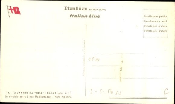 Postcard Italian Line, Italy Navigation, TN Leonardo da Vinci