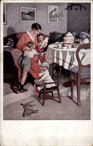 Artist Postcard Wennerberg, Bruno, Good news from the front, mother and children read soldier's letter