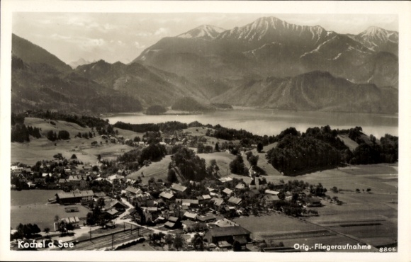 Postcard Kochel am See Upper Bavaria, landscape view, mountains, lake, town, aerial photograph