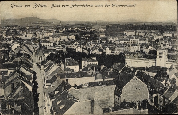 Postcard Zittau in Saxony, view from the Johannisturm to the weaver suburb