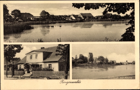 Ak Ringenwalde in de Mark, dorpsvijver, koopman W. Freund, kerk