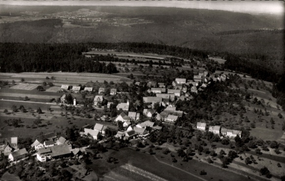 Postcard Monakam Bad Liebenzell in the Black Forest, aerial view of a village, forest, fields, Black Forest