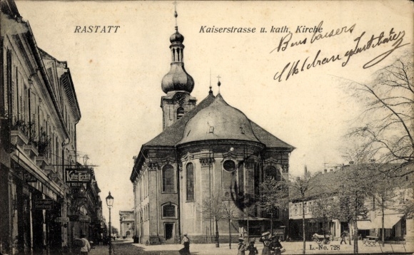 Ak Rastatt im Schwarzwald Baden, Kaiserstraße, katholische Kirche, Stadtansicht