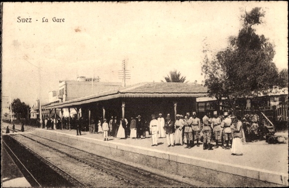 Postcard Suez Egypt, train station, platform