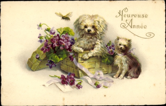 Postcard congratulations New Year, dogs in a basket, flowers, bee