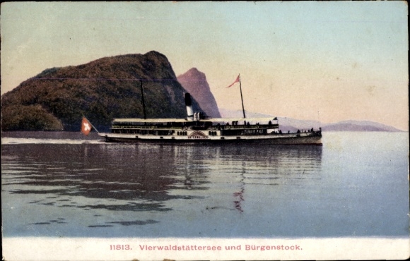 Postcard Lake Lucerne Canton Uri, steamer Unterwalden, Bürgenstock