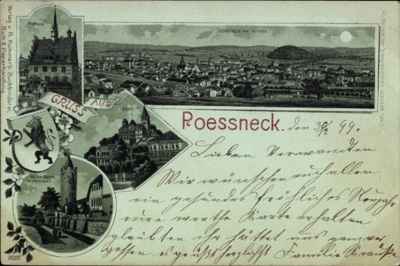 Mondschein Litho Pößneck in Thüringen, Gesamtansicht, Rathaus, Pulverturm