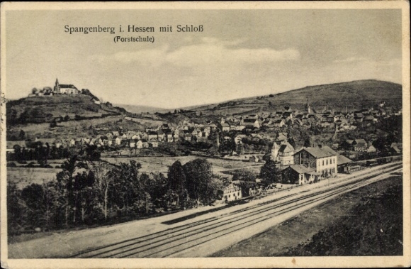 Postcard Spangenberg in Hessen, panorama, castle, forestry school