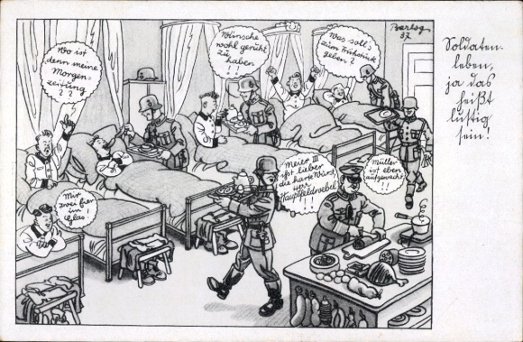 Künstler Ak Barlog, Soldatenleben heißt lustig sein, Wehrmacht, Offizier, Schlafstube, II. WK
