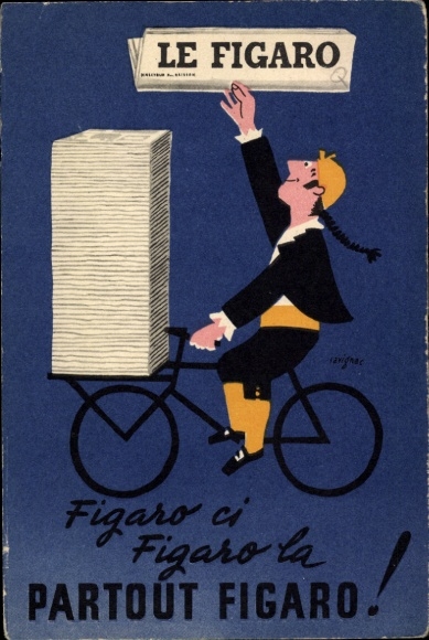 Artist Postcard advertising, newspaper seller, newspaper Le Figaro, bicycle