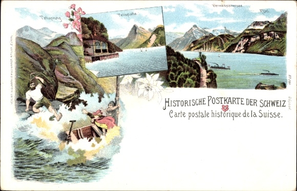 Litho Kanton Uri, Tellskapelle am Vierwaldstättersee, Panorama, Tellsprung
