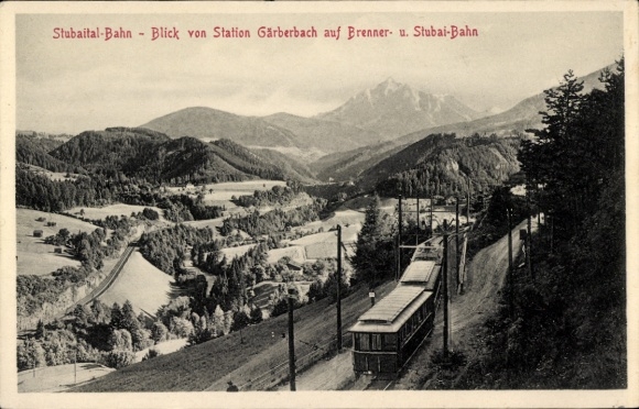 KP Gärberbach Mutters w Tyrolu, widok ze stacji na Brenner i Stubai Railway, linia kolejowa