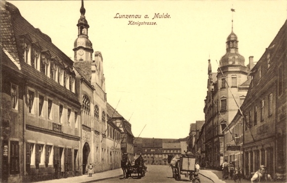 Postcard Lunzenau in Saxony, old town view, Königstrasse, buildings
